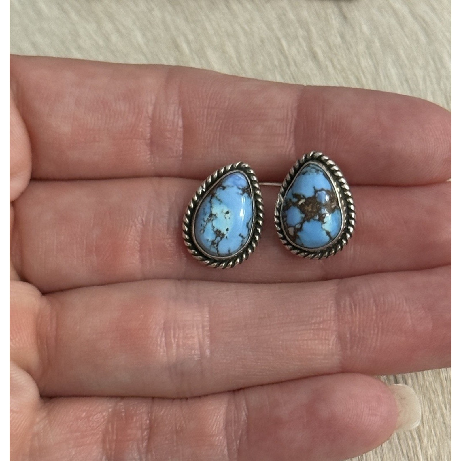 Sterling Silver Blue Golden Hills Turquoise Tear Drop Braided Stud Post Earrings